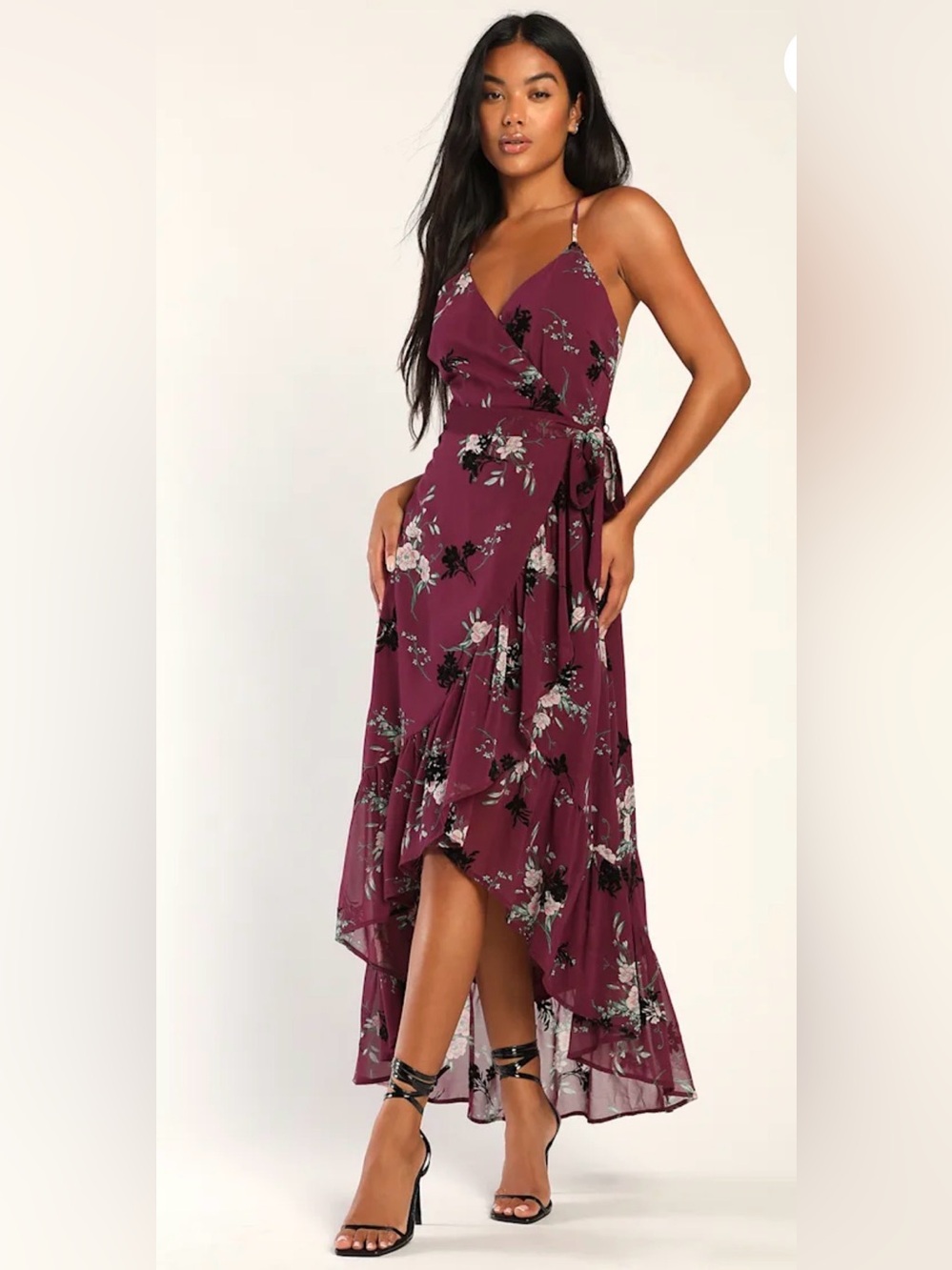 Lulu’s Life of Romance Plum Floral Print Ruffled High-Low Dress Size Large